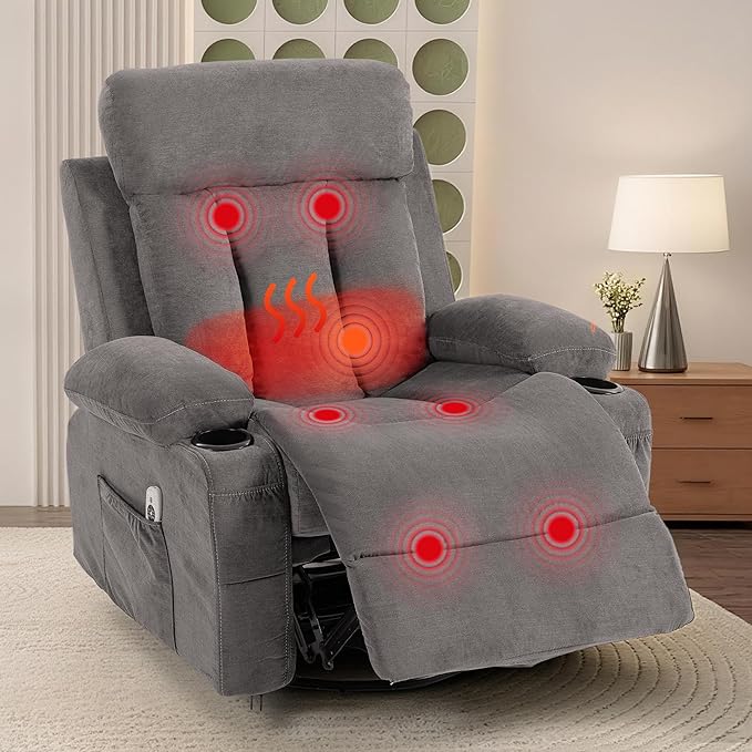 Oversized Recliner Chair for Adults w/Vibration Massage and Heating 360° Swivel Rocker Glider Recliner w/Cup Holder and USB Charge for Living Room Bedroom Grey