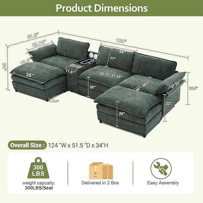 124 Cloud Couch Sectional Modular Sectional Sofa with Speakers Modern U Shaped Couches for Living Room Comfy Chenille Deep Sofas with Console Charging Station Cup Holders (Dark Green) | Easy Ass