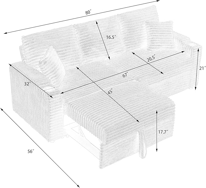 KEIKI 80 Pull Out Folding Sofa 2 in 1 Foldable Couch with Hidden Lying Function Cup Holder Corduroy Loveseat Sofabed for Apartment Living Room Office Black