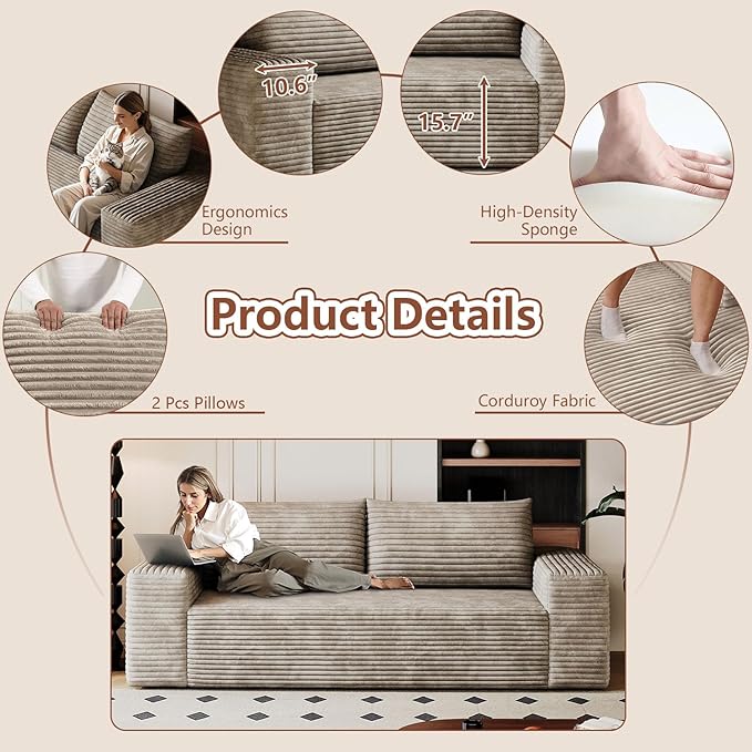 Modern Corduroy Loveseat Sofa2-Seater Cloud Couch with Memory Foam and Furry PillowsDeep Seat Small Sofa with Wide ArmrestsNo Assembly Couches in a Box for BedroomSmall Space (Camel63in)