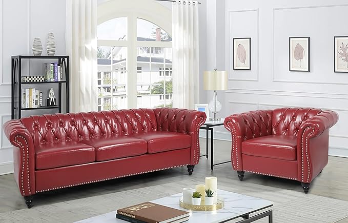 RARZOE Modern 2 Pieces Living Room Sofa Set Contemporary Tufted Button Faux Leather Three-Seater Couch and Accent Club Chairwith Nailhead Trim Scroll Arms for Home Furniture Burgundy