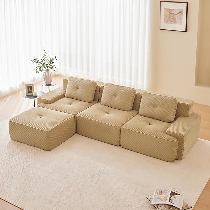 117'' Boneless Couch Modular Sectional Sofa Modern L Shaped Sectional Couches for Living Room with Deep Seat and Ottoman Comfy Corduroy Cloud Couch Oversized 3-Seater Sleeper Sofa Camel