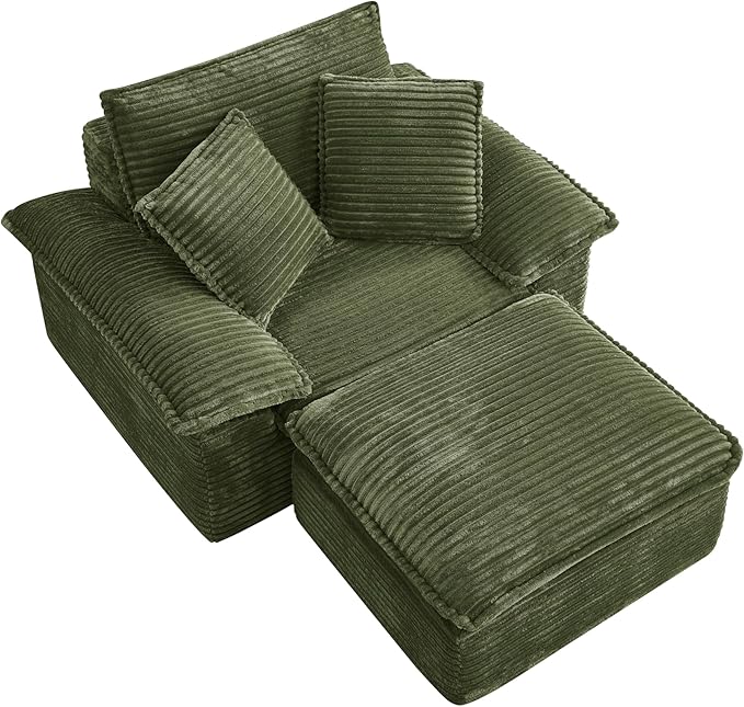 Oversized Armchair with Ottoman Corduroy Reading Chair for Bedroom &amp Living Room Modern Floor Sofa Chair Comfy Lazy Lounge Chair No Assembly Required Green