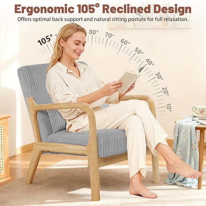 Accent Chair Mid-Century Modern Armchair with Waist Cushion Fabric Lounge Reading Chair with Wood Frame Comfy Single Sitting Seat for Living Room Bedroom Balcony up to 450lbs Gray