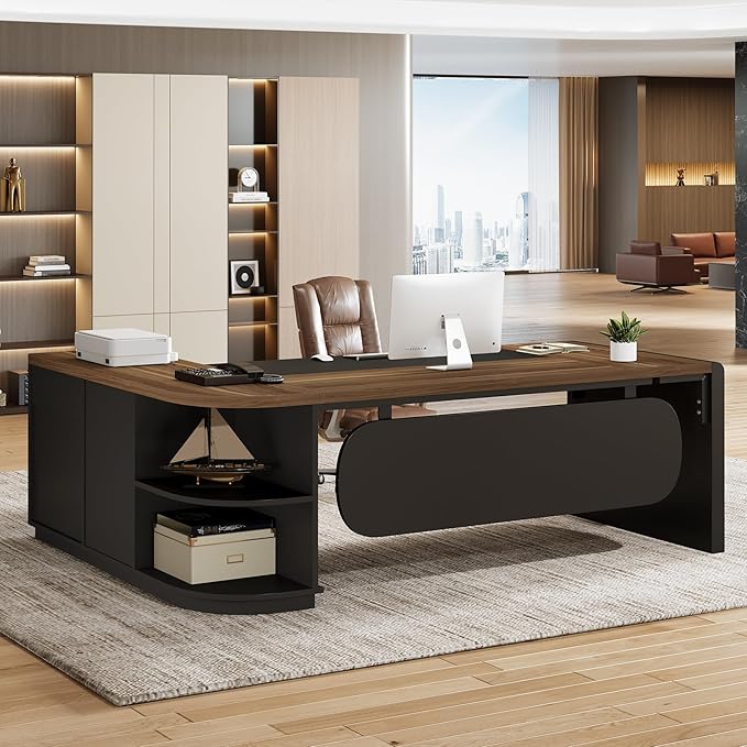 Tribesigns 80'' L-Shaped Desk Set of 2 Large Executive Office Desk with 55'' Drawers Cabinet Modern Computer Table with Storage Shelves Business Furniture for Office Brown