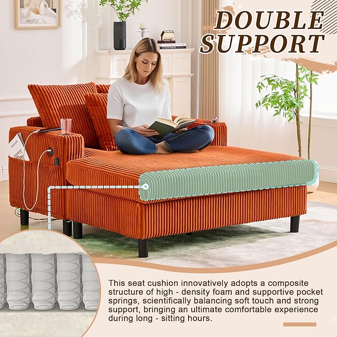 KEIKI 50 W Corduroy Oversized Recliner Single Sofa Couch with Deep Seat3 PillowsUSB ChargingCup Holder and Side Pocket Design