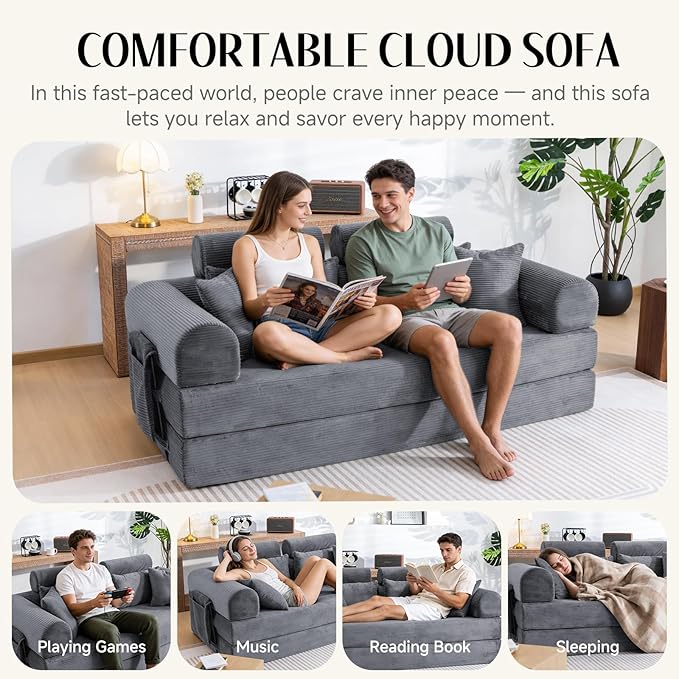 Upgrade Sofa Bed Convertible Boneless Couch for Small Spaces with High Backrest Design Fixed-Shape Frame &amp Removable Armrests and Backrest 2 Corduroy Pillow Dark Gray