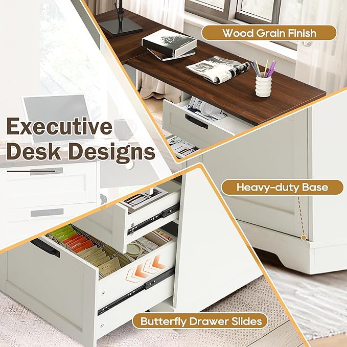 60 L Shaped Executive Desk with Drawers Farmhouse Home Office Desk with Charging Station Wood Computer Corner Desk with File Storage Cabinet for Home Office Work and Study (White)