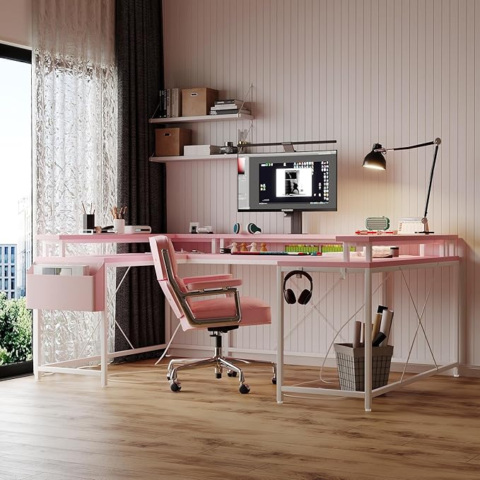 78 Inch Large Computer Desk with Power Outlets &amp USB Ports u Shaped Corner Desk with RGB LED Lights Monitor Stand &amp Storage for Home and Office Pink