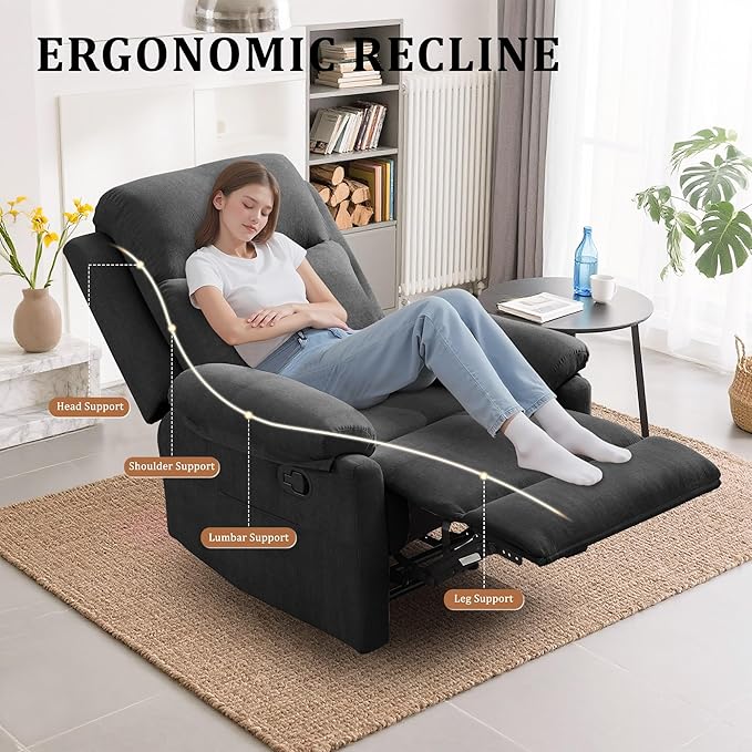 Recliner Chairs Small Recliners for Small Spaces Manual Recliner for Adults with Side Pockets Adjustable Overstuffed Comfy Corduroy Reclining Chair for Living Room Bedroom Reading Black