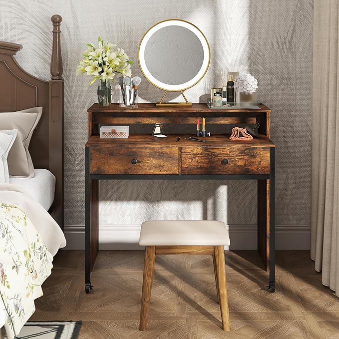 Giantex Small Computer Desk with Hutch &amp Drawers Extendable Writing Desk w/Pull Out Secondary Table Monitor Stand &amp Rolling Wheels Console Table Compact Desk for Small Spaces (Rustic Brown
