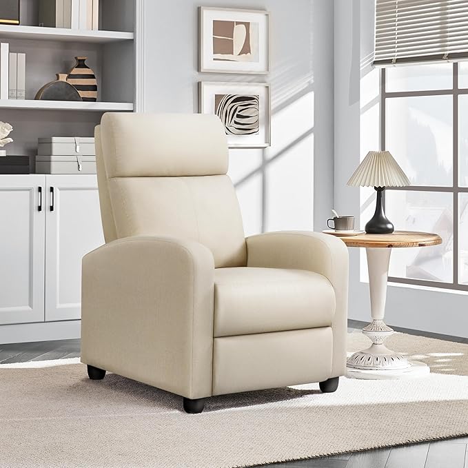 Yaheetech Modern Fabric Recliner Chair Sofa Adjustable Single Sofa with Thicker Seat Cushion and Backrest for Living Room Home Theater Beige