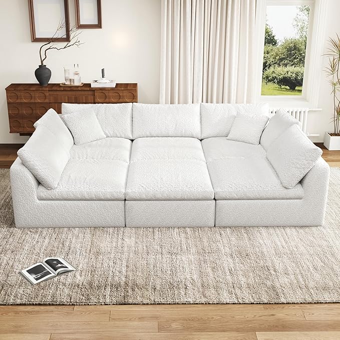 108 Modular Sectional Sofa with Movable Ottoman No Assembly Required Boneless Cloud Couch Deep Seat L Shaped Sectional Couches for Living Room Bedroom and Apartment White