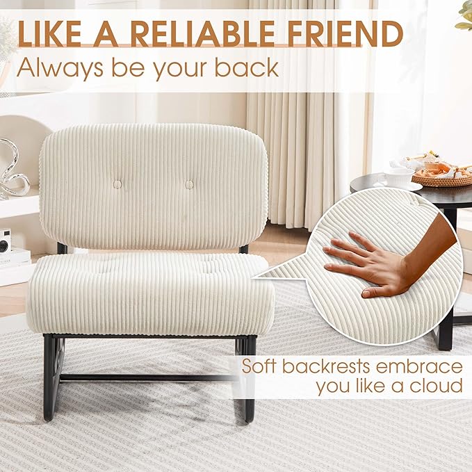 HOMEFUN Armless Accent Chair with Padded Back Modern Comfy Reading Chair for Bedroom Living Room Office Beige
