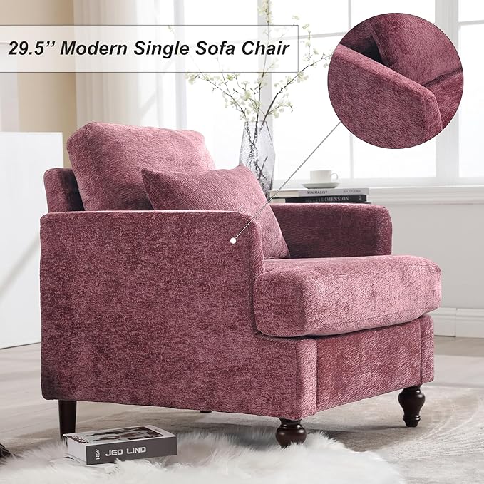 Chenille Sofas Couch for Living Room 29.5’’ Mid Century Modern Single Sofa Chair Small Cloud Couch with Deep Seats Comfy Accent Armchair for Living Room Apartment Bedroom Wine Red