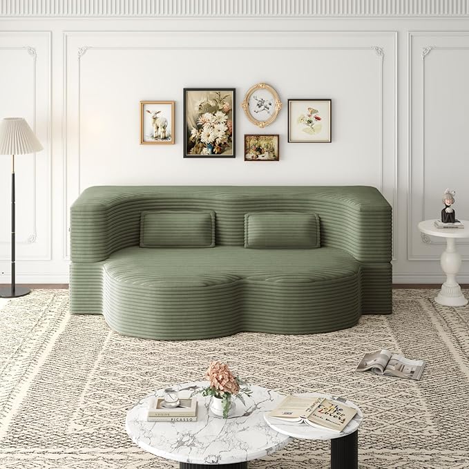 2 in 1 Convertible Folding Sofa Bed Plush Corduroy Lazy Lounge Sofabed Foam Folding Floor Sofa Bed 78 Full Size Memory Foam Couch for Living Room Guestroom No Assembly Required Sofabed (Green)