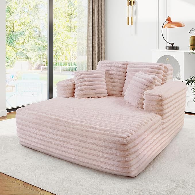 56 Oversized Chaise Lounge Chair IndoorPlush Faux Fur Sleeper Sofa Couch Bed with Pillows&ampWide ArmrestsFluffy Comfy Cloud CouchCompression Foam Couch for Living RoomBedroom(Pink)