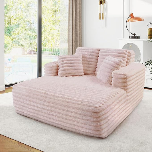 56 Oversized Chaise Lounge Chair IndoorPlush Faux Fur Sleeper Sofa Couch Bed with Pillows&ampWide ArmrestsFluffy Comfy Cloud CouchCompression Foam Couch for Living RoomBedroom(Pink)