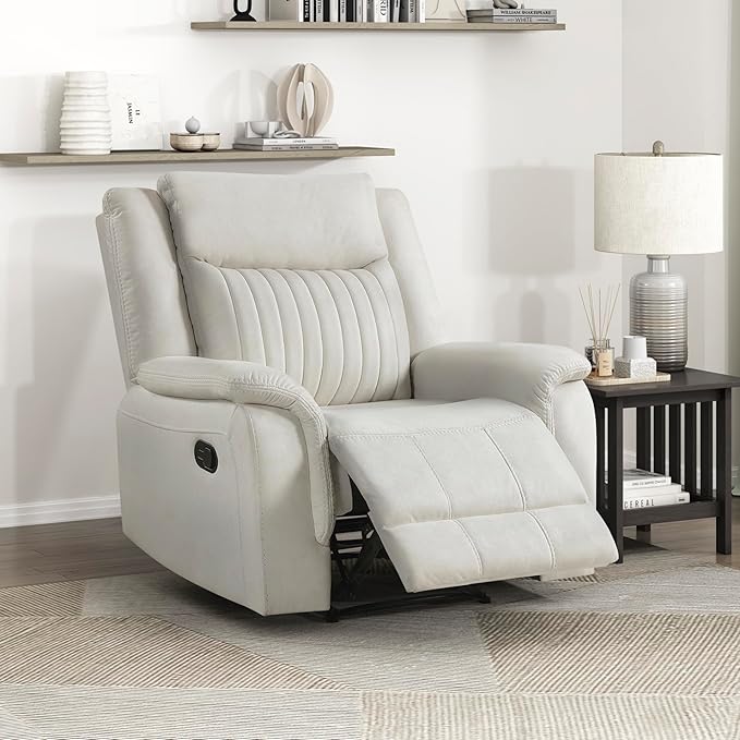 Lexicon Manual Recliner Chair Polished Microfiber Reclining Sofa Chair Home Theater Seating Wall Hugger Manual Recliner for Living Room/Office/Apartment Beige