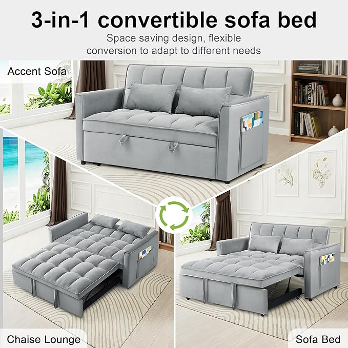 Convertible Sofa Bed 3 in 1 Sleeper Sofa with Adjustable Backrest Pull Out Couch Loveseat with 2 Pillows &amp Side Pockets for Living Room Bedroom Apartment 55 Velvet | Light Gray