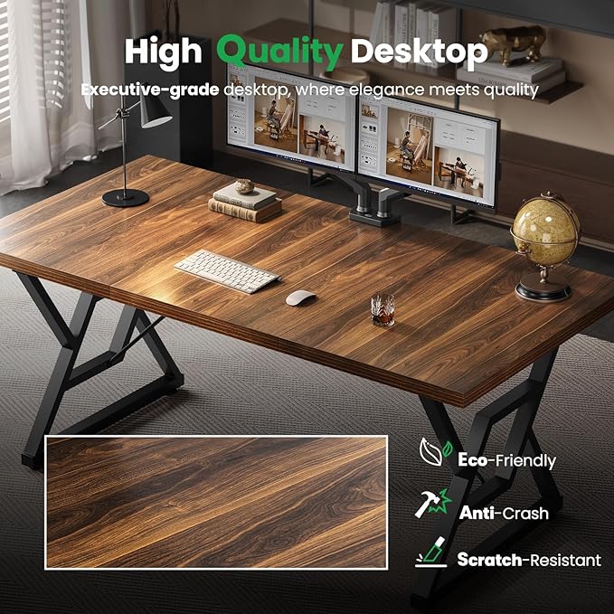 70.8 Large Executive Desk - Computer Office Desk Workstation Modern Business Writing Table with Sturdy Metal Legs for Home Office (Walnut/Black)