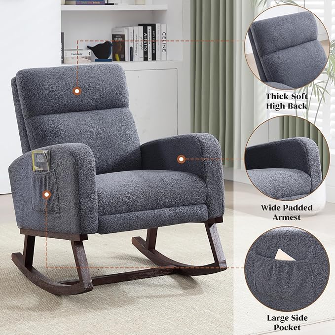 Rocking Chair Nursery with Foot Rest Teddy Nursing Rocking Chairs for Mom Breastfeeding Rocker Glider Chair with High Backrest for Living Room Bedroom Blue Grey