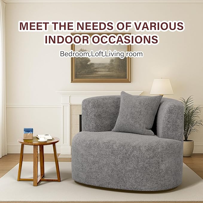 Swivel Accent Chair 360°Soft Accent Chairs Chenille Upholstered Living Room Chairs with Pillow and Curved Backrest No Assembly Arm Chair for Living Room/Bedroom/Office (Light Grey)