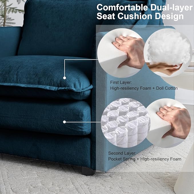 KIVENJAJA 41.4”W Oversized Sofa Chair with Ottoman Modern Chenille Deep Seat Single Couch Armchair Comfy Chaise Lounge Indoor with Pillow for Living Room Bedroom Apartment Blue