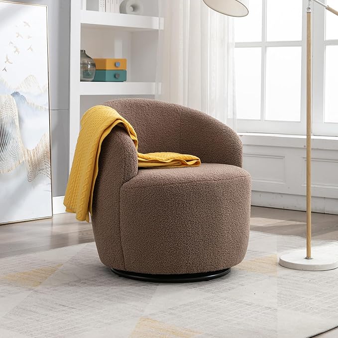 Swivel Barrel Accent Chair Modern Teddy Upholstered 360° Swivel Chair Leisure Chair Single Sofa for Adults Teens for Living Room Hotel Bedroom Office Coffee Shop (Coffee + Upholstered + Foam)