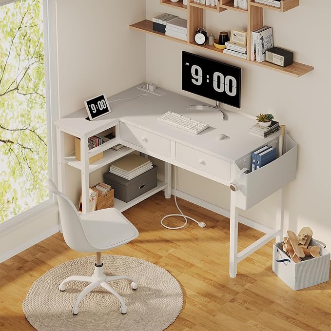 DLisiting Small White L Shaped Desk with Drawers &amp Storage Shelves 40 Inch Corner Desk with Power Outlet for Small Space Home Office Study Work PC Desks for Bedroom