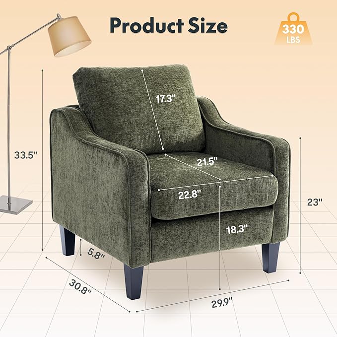 FLEXISPOT AC2 Mid Century Modern Accent Chair Chenille Upholstered Armchair with Padded Back &amp Removable Cover Comfy Reading Chair for Bedroom Living Room Chairs for Adults Small Spaces (Green