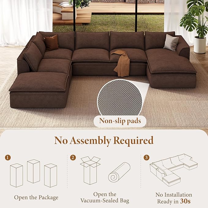 Vesgantti 141.7 Oversized Modular Sectional Sofa Modern 7 Seater Boneless Couch with Chaise and Ottoman Deep Seat Plush Corduroy Cloud Style for Living Room No Assembly RequiredBrown