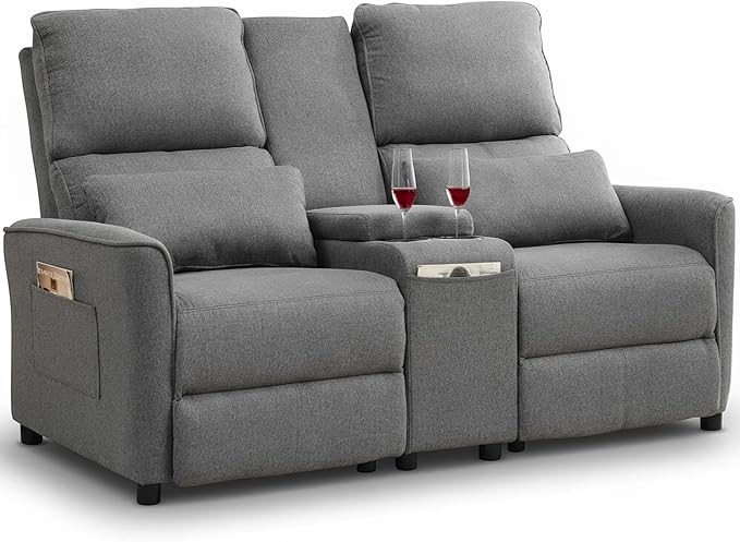 MANBUR Push-Back Reclining Loveseat with Console Loveseat Reclining Sofa Home Theater Seating RV Recliner Sofa Recliners Double Recliner Couch with Storage Pockets &amp Cup Holders Gray