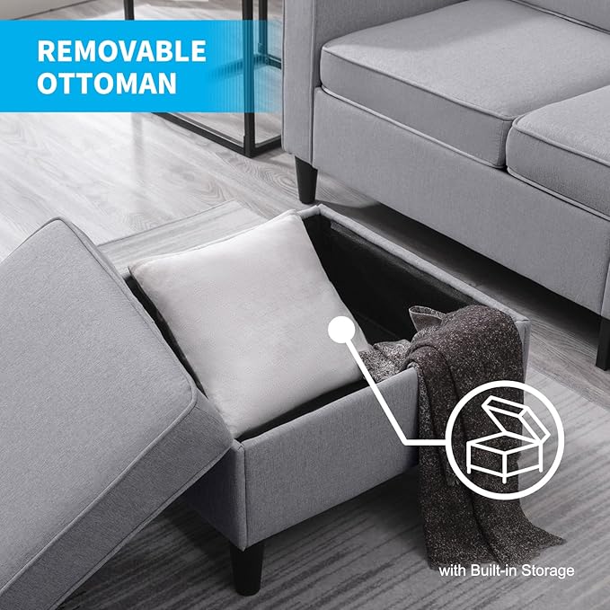 PUREMIND 2 Piece Living Room Sofa Set Modern L Shaped Sectional Sofa and Chair Sets Linen 3 Seater Couch with Storage Ottoman + Single Chair Furniture Couch Sets for Living Room Apartment
