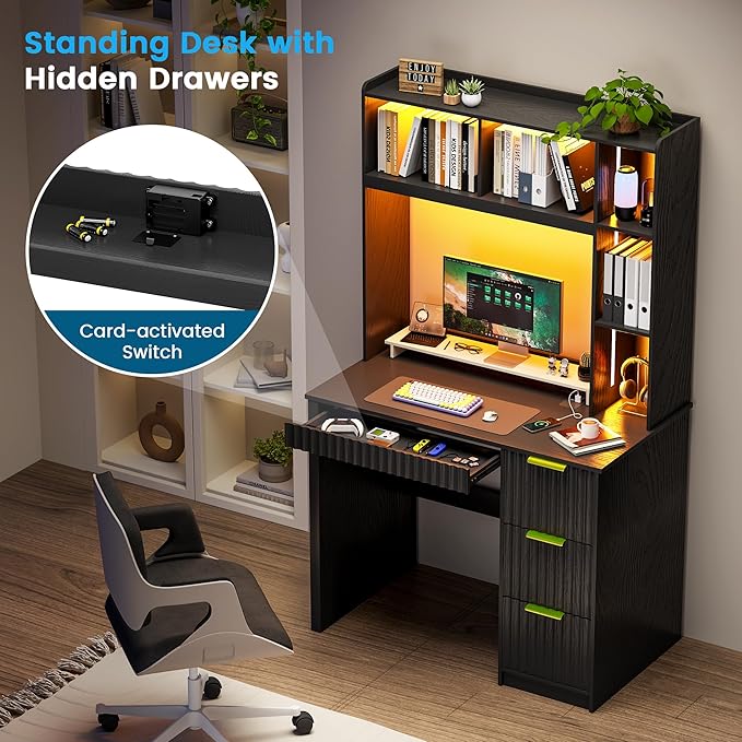 Home Office Desk with Hutch &amp LED Lights - 39 Computer Desk with Charging Station 3 Large Drawers Hidden Compartment &amp Fluted Panel DesignBlack Writing Desk for Bedroom Study