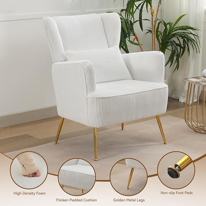 Living Room Chairs Corduroy Accent Armchair with Lumbar Pillow &amp Gold Leg 8.5 Thick Cushion Mid Century Modern High Wingback Bedroom Chairs Upholstered Comfy Sofa Arm Chair White