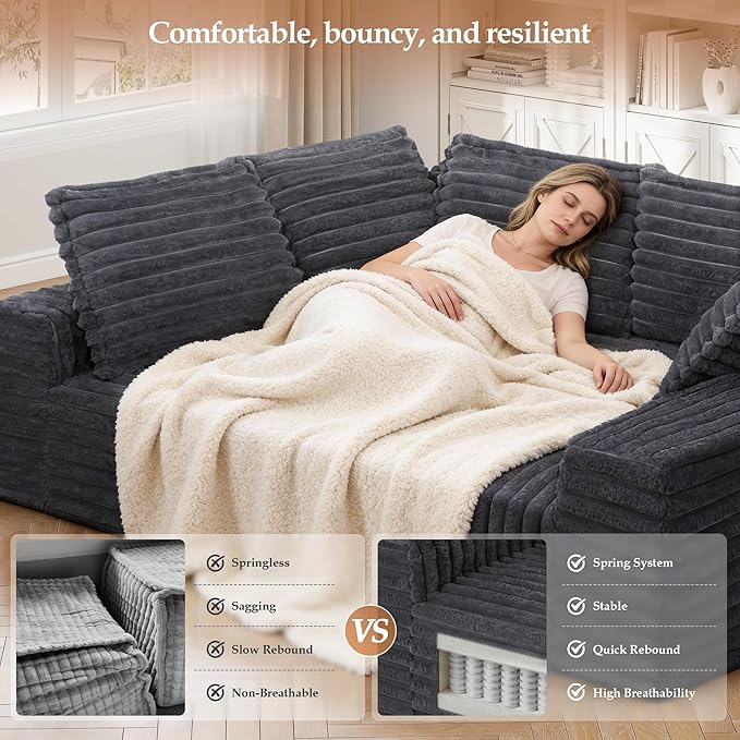 Cloud Boneless Sofa Oversized Modular Sectional L-Shape Sofa with Chaise High Backrest Corduroy Fabric Couch with USB Charging Ports Cup Holders &amp Pillows for Living Room (Light Grey)