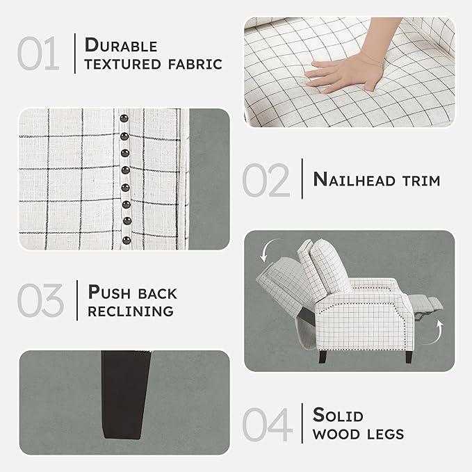 Lexicon Pushback Recliner Chair Plaid Textured Fabric Armchair Push Back Reclining Chair Nailhead Trim Solid Wood Legs Easy Assembly for Living Room/Office/Apartment Off-White