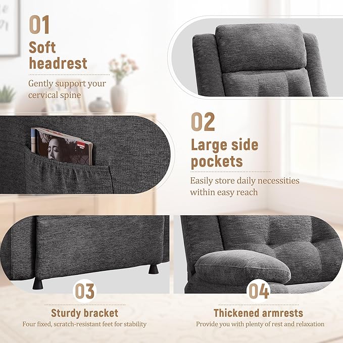 Power Recliner Chair for Adults Oversized Electric Recliner with Thickened Cushions Chenille Fabric Reclining Chair for Living Room Bedroom Grey