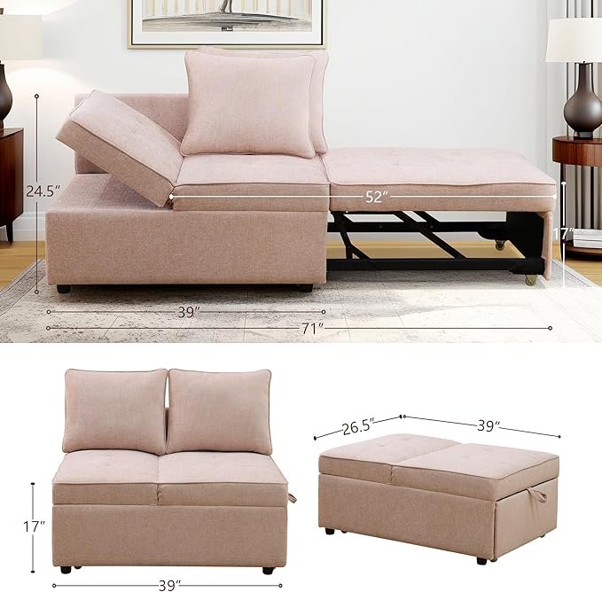 Sleeper Sofa 4-in-1 Convertible Ottoman Couch Bed Modern Sackcloth Futon Sofa Bed with 2 Pillows Adjustable Backrest Recliner Folding Loveseat for Living Room Apartment Dorm OfficePink