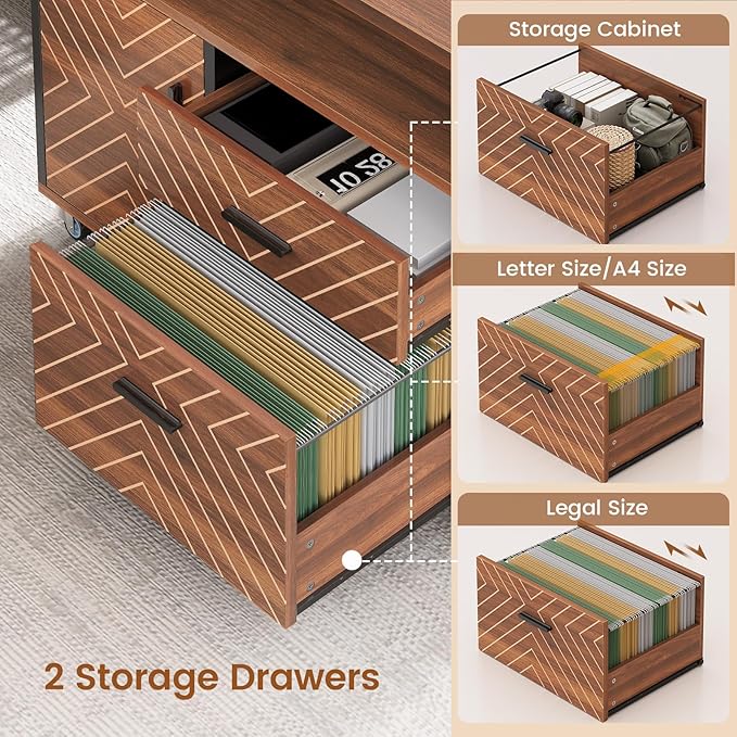 SEDETA 71 Executive Desk with Rolling File Cabinet Large Office Desk with Drawers L Shaped Computer Desk with Power Outlets CPU Stand Pegboard and Storage Shelves Brown