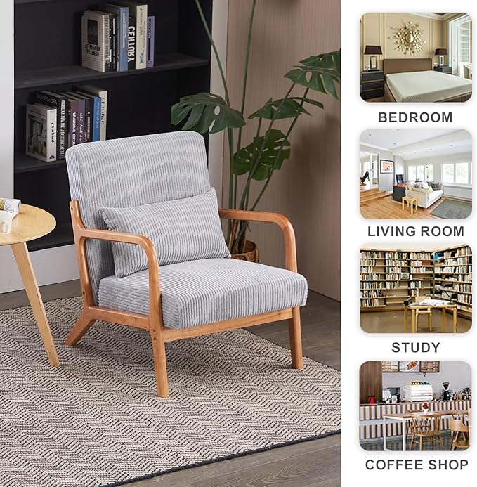 Mid Century Modern Accent Chair with Waist CushionComfy Upholstered Lounge Chair Ergonomic Reading Chair with Solid Rubberwood Frame for Living Room Bedroom (Light Grey)