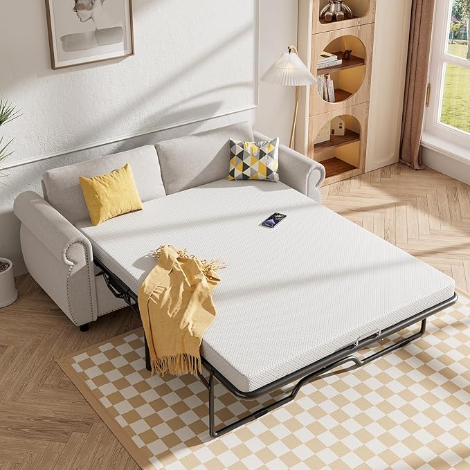CECER Full Size Pull Out Sofa Bed 2 in 1 Sleeper Sofa Convertible Couch Bed with Foldable Mattress Pull Out Couch Bed with Upholstered Nailhead for Living Room Apartment Office-Beige