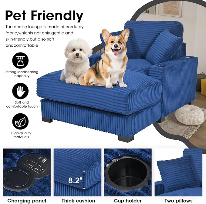 41 Chaise Lounge Indoor Comfy Reading Chair with 2 PillowsUSB Charger Cup Holder Adjustable Backrest Corduroy Sofa Bed Lazy Chair Sleeper Couch Small Couch for Apartment Blue