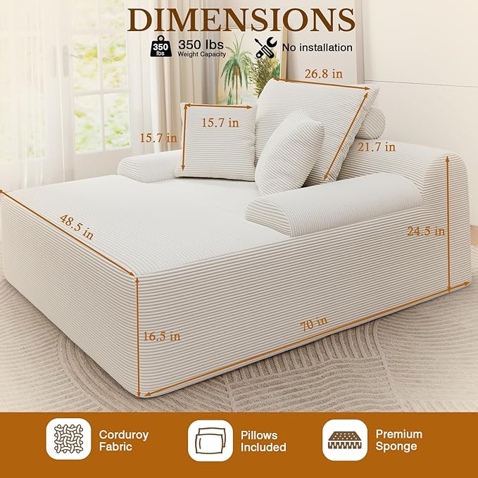 70 Chaise Lounge Chair Indoor Corduroy Upholstered Boneless Sofa Bed Couch with Armrests and 3 Pillows Cloud Sleeper Sofa Chair Couches for Living Room Bedroom No Assembly Required (Beige-70)