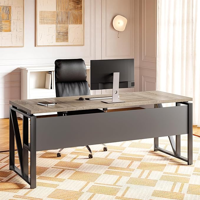 LITTLE TREE 63-Inch Executive Office Desk Large Computer Desk with Storage Shelf Executive Desk with Metal Frame Study Writing Desk Work Station for Home Office Grey + Black