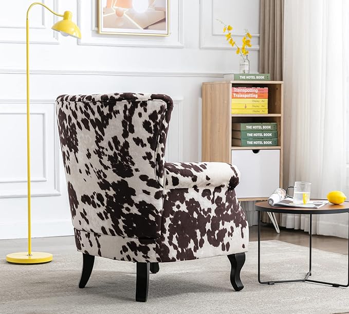 Mid Century Modern Accent Chair Upholstered Armchair Comfy Western Fabric Single Sofa with Lined Wingback for Small Spaces Bedroom Living Room Cow 30.1D x 30.5W x 35H in