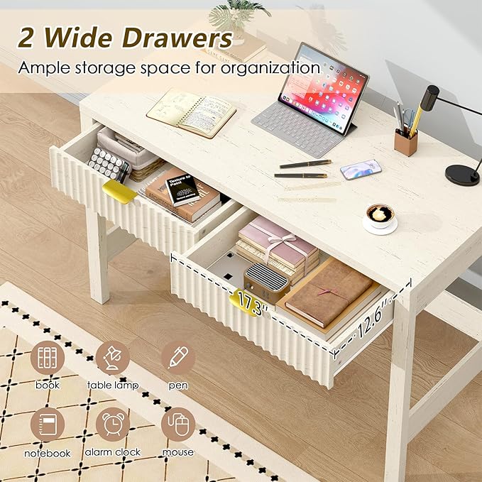 Fluted Computer Desk with 2 Drawers 39 Inch Small Computer Desk with Storage Compact Writing Study Vanity Desk for Small Spaces Antique White
