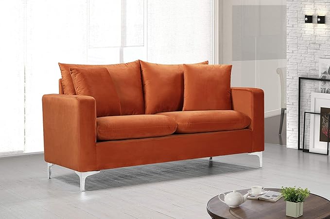 Meridian Furniture 633Cognac-L Naomi Collection Modern | Contemporary Velvet Upholstered Loveseat with Deep Channel Tufting and Rich Gold Stainless Steel Legs Cognac 58 W x 33.5 D x 30 H