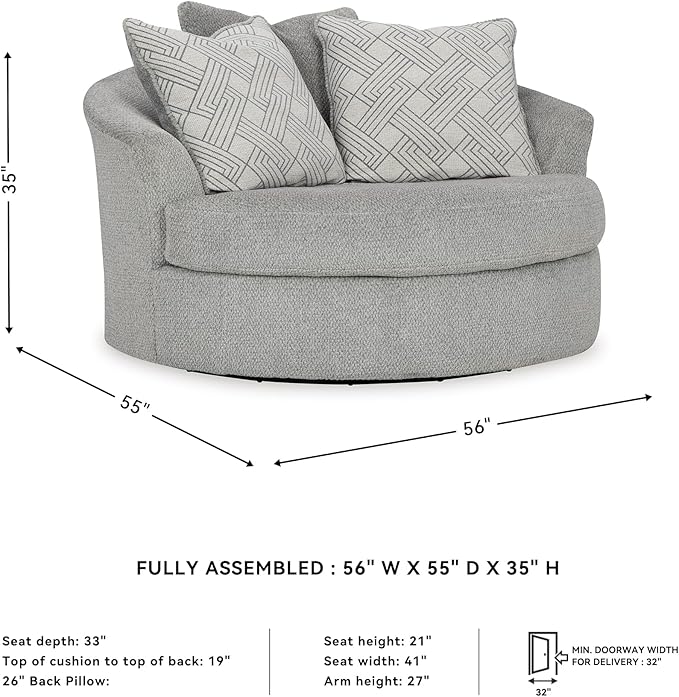 Signature Design by Ashley Casselbury Contemporary Upholstered Oversized Swivel Accent Chair with 3 Throw Pillows Light Gray